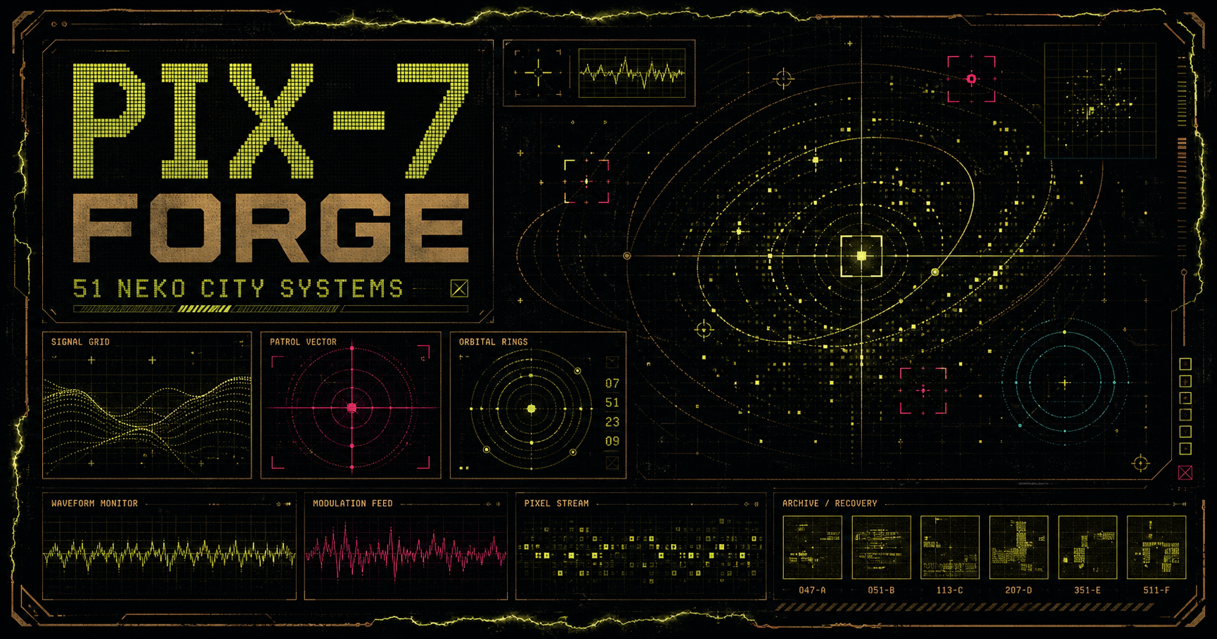 PIX-7 Forge product card showing the Neko City signal grid, orbital rings, waveform monitors and archive recovery