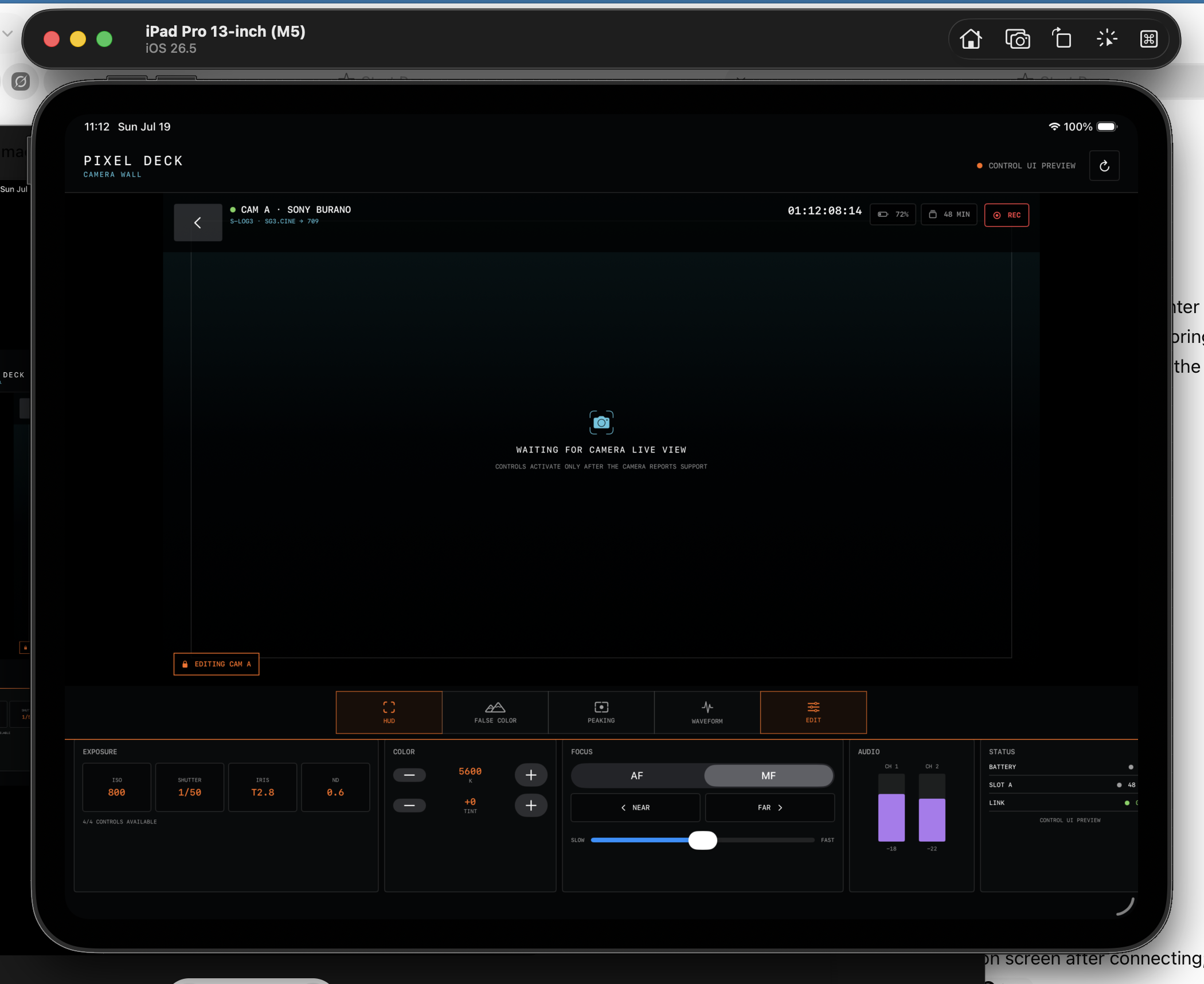 Pixel Deck Companion monitoring interface on iPad