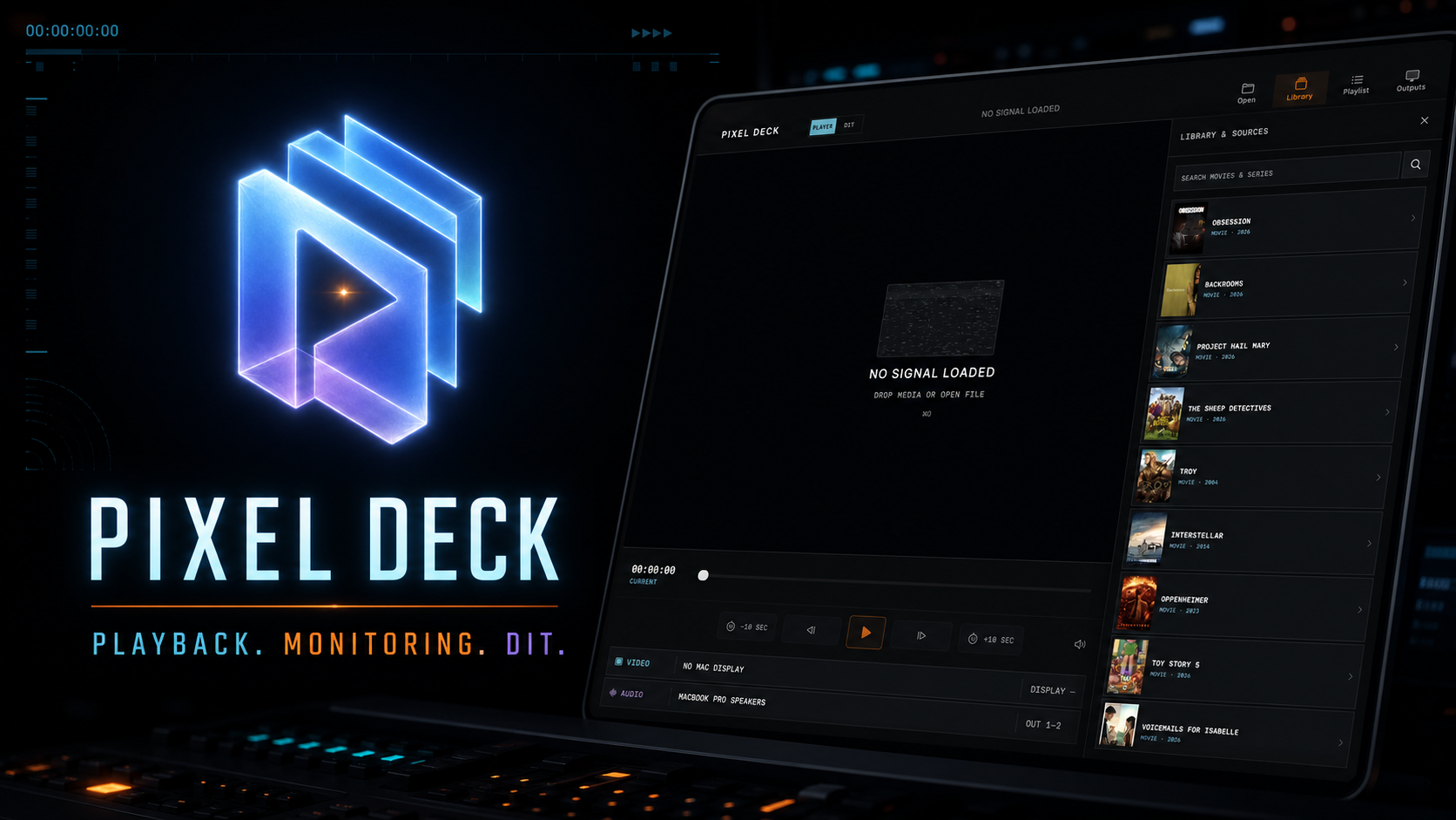 Pixel Deck product card showing the player interface with Playback, Monitoring and DIT