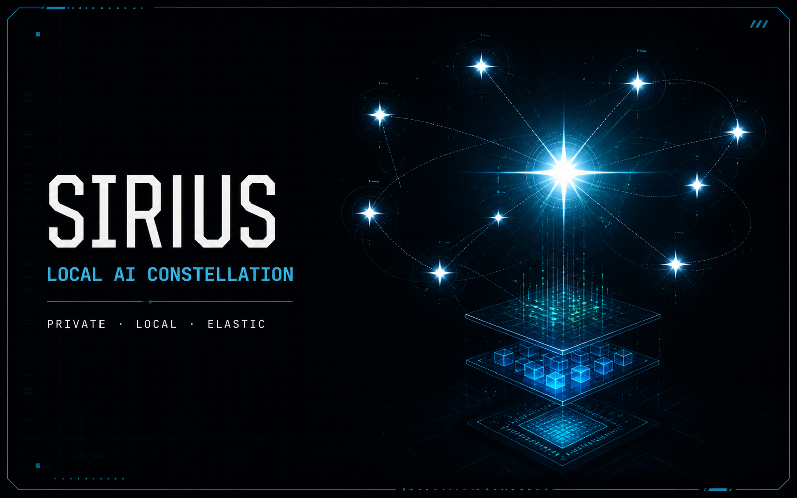 Sirius Local AI Constellation product card showing one bright core, neighboring project stars and an elastic compute field