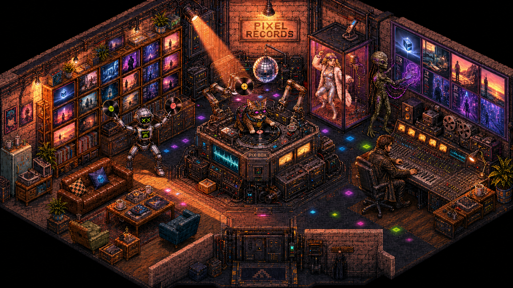 Isometric Pixel Records studio filled with records, screens, a mixing desk, PIX-BOX, instruments and the Pixel Records crew